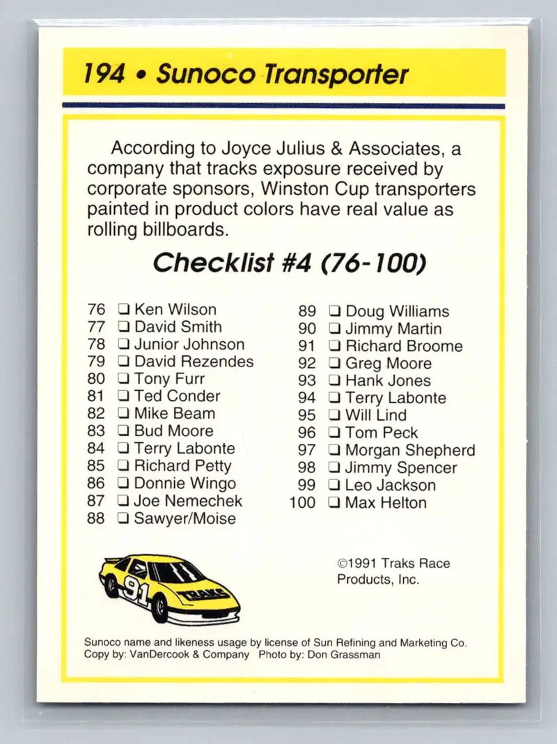 1991 Traks #194 Sunoco Transporter Hagan Enterprises - Racing Card Single