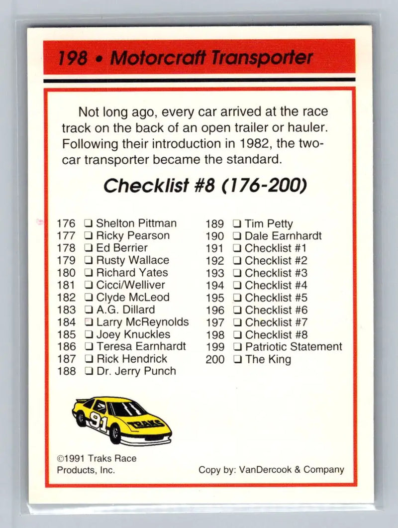 1991 Traks #198 Motorcraft Transporter Bud Moore Engineering - Racing Card Single