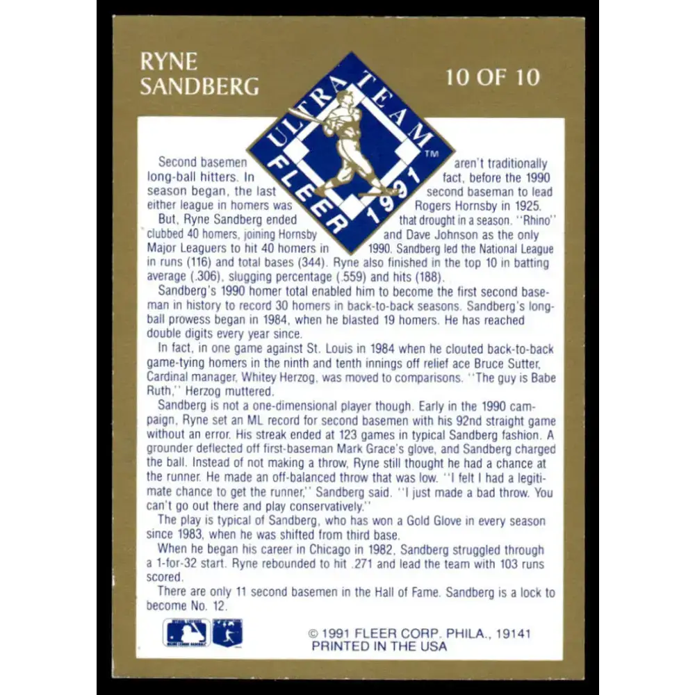 1991 Ultra #10 Ryne Sandberg EX Chicago Cubs Baseball Card - Baseball Card Single