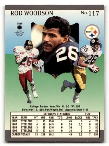 Rod Woodson Pittsburgh football card from 1991 Ultra #117, NM condition