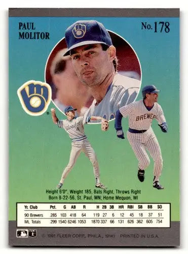 Original gloss Paul Molitor Milwaukee baseball card with player stats from 1991 Ultra