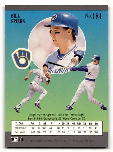 1991 Ultra #181 Bill Spiers Milwaukee Brewers Baseball Cards EX/NM ID:54010 - Baseball Card Single