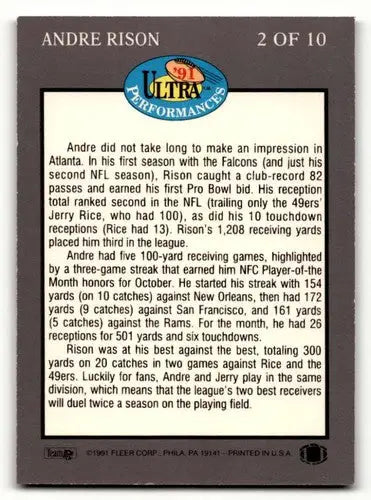 Andre Rison Atlanta Falcons football card from 1991 Ultra #2, EX/NM condition