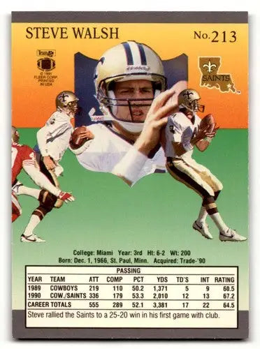 1991 Ultra #213 Steve Walsh New Orleans Saints Football Cards NM Nea ID:56571 - Football Card Single