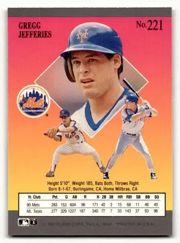 1991 Ultra #221 Gregg Jefferies New York Mets Baseball Cards EX/NM ID:53999 - Baseball Card Single