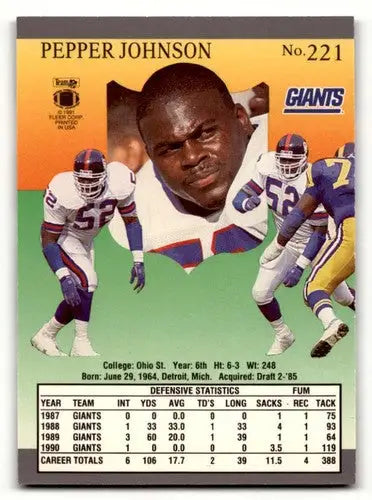 1991 Ultra #221 Pepper Johnson New York Giants Football Cards NM Nea ID:56576 - Football Card Single