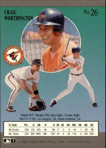 Craig Worthington baseball card with original gloss from 1991 Ultra #26 NM-MT Orioles