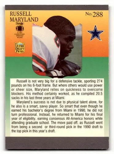Russell Maryland Dallas football card from 1991 Ultra #288 Dallas Cowboys football collection