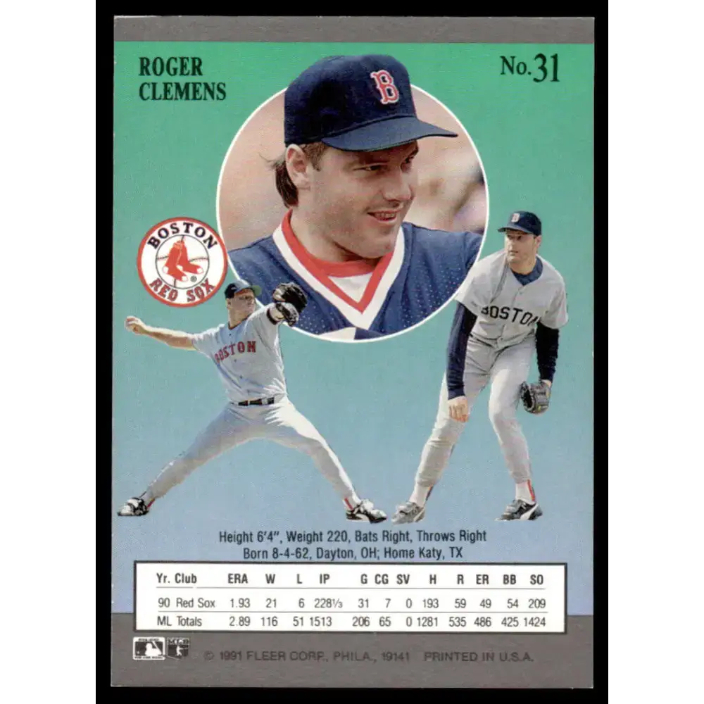 1991 Ultra #31 Roger Clemens EX/NM Boston Red Sox Baseball Card - Baseball Card Single