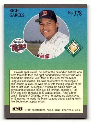 1991 Ultra #378 Rich Garces Minnesota Twins Baseball Cards EX/NM ID:54001 - Baseball Card Single