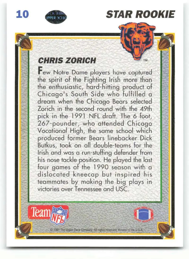 1991 Upper Deck #10 Chris Zorich NM-MT RC Rookie Chicago Bears Football Card - Football Card Single