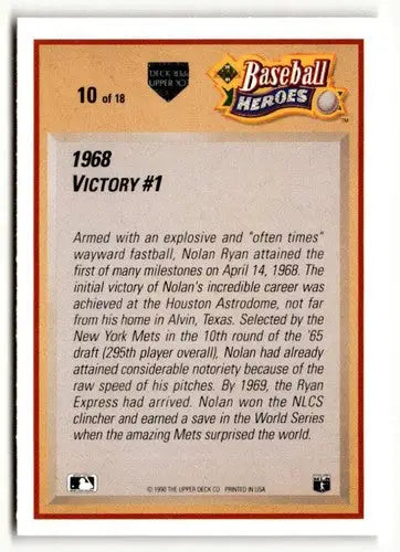 1991 Upper Deck #10 Nolan Ryan Baseball Heroes Nolan Ryan NrMt-Mt ID:51161 - Baseball Card Single