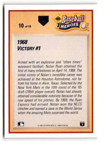 Baseball card back featuring Nolan Ryan with original gloss from 1991 Upper Deck