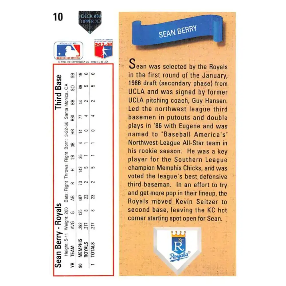 1991 Upper Deck #10 Sean Berry NM-MT RC Rookie Kansas City Royals Baseball Card - Baseball Card Single