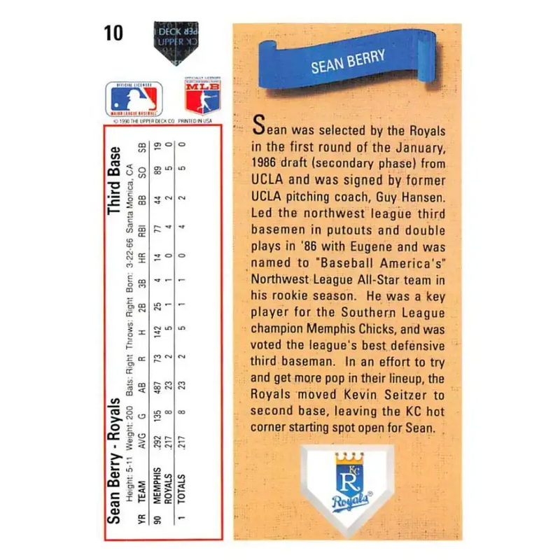 1991 Upper Deck #10 Sean Berry NM-MT RC Rookie Kansas City Royals Baseball Card - Baseball Card Single