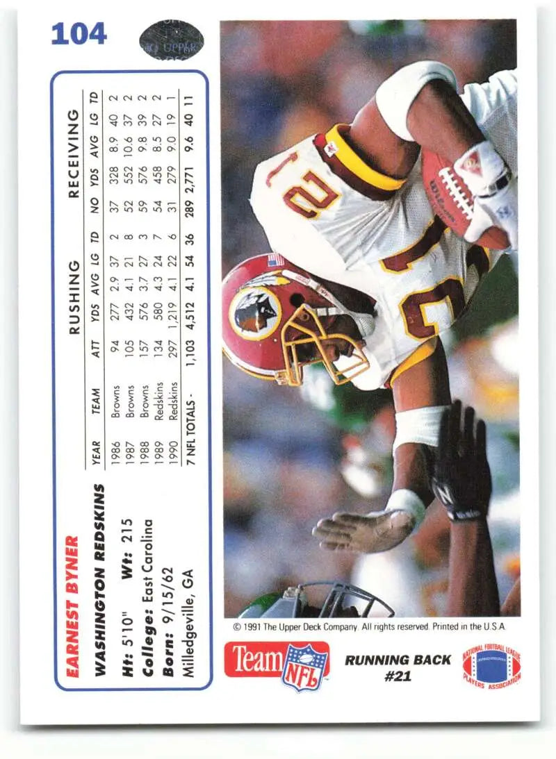 1991 Upper Deck #104 Earnest Byner NM-MT Washington Redskins Football Card - Football Card Single
