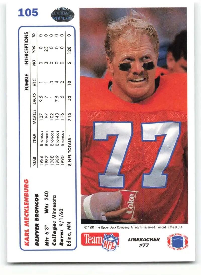 1991 Upper Deck #105 Karl Mecklenburg NM-MT Denver Broncos Football Card - Football Card Single
