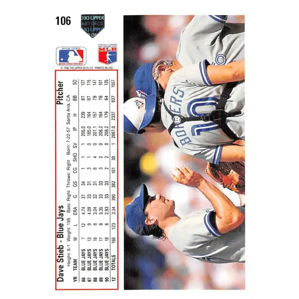 1991 Upper Deck #106 Dave Stieb EX Excellent Toronto Blue Jays Baseball Card - Baseball Card Single