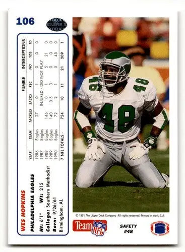 Vintage 1991 Upper Deck Wes Hopkins Philadelphia Eagles football card with original gloss
