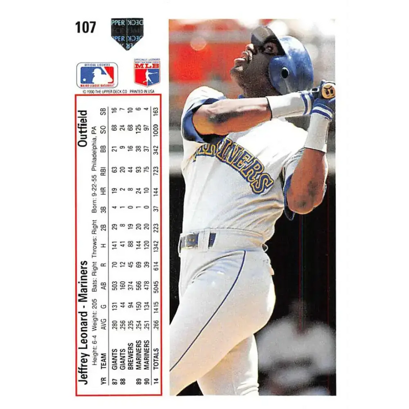 1991 Upper Deck #107 Jeffrey Leonard EX Excellent Seattle Mariners Baseball Card - Baseball Card Single