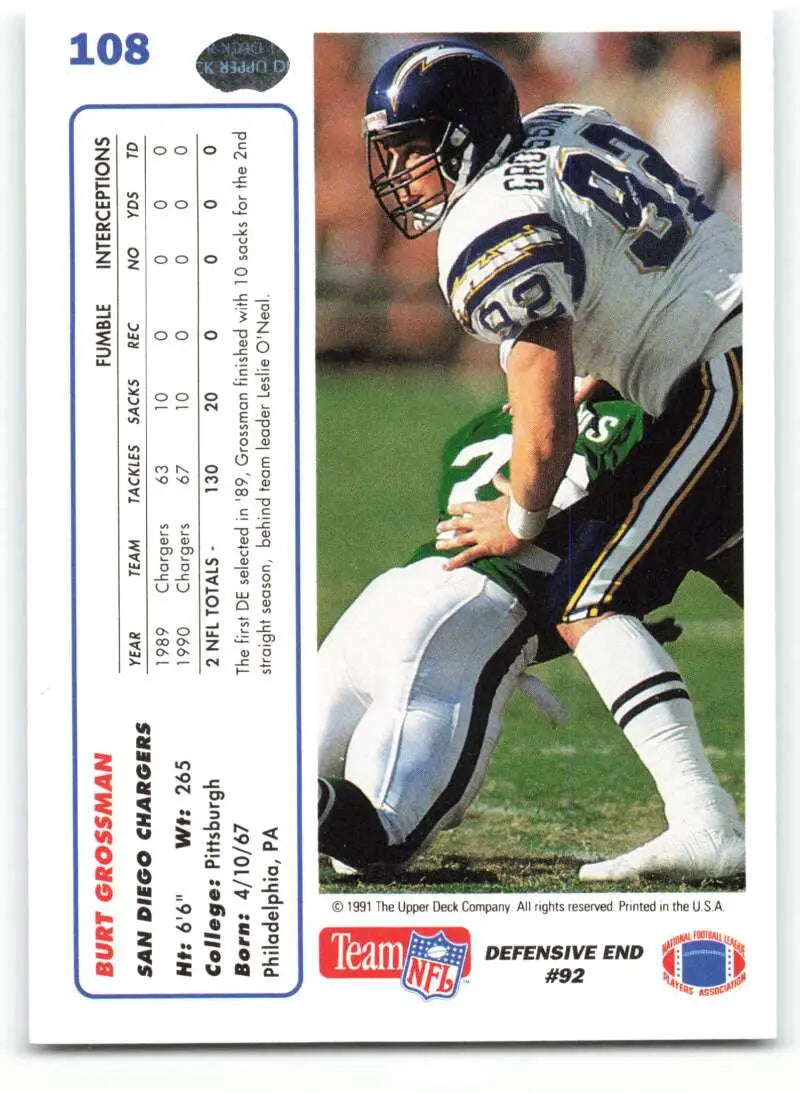 1991 Upper Deck #108 Burt Grossman NM-MT San Diego Chargers Football Card - Football Card Single