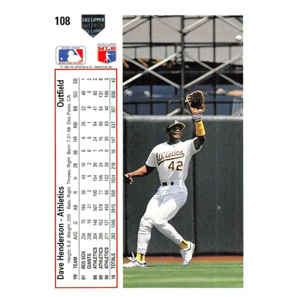 1991 Upper Deck #108 Dave Henderson EX Excellent Oakland Athletics Baseball Card - Baseball Card Single