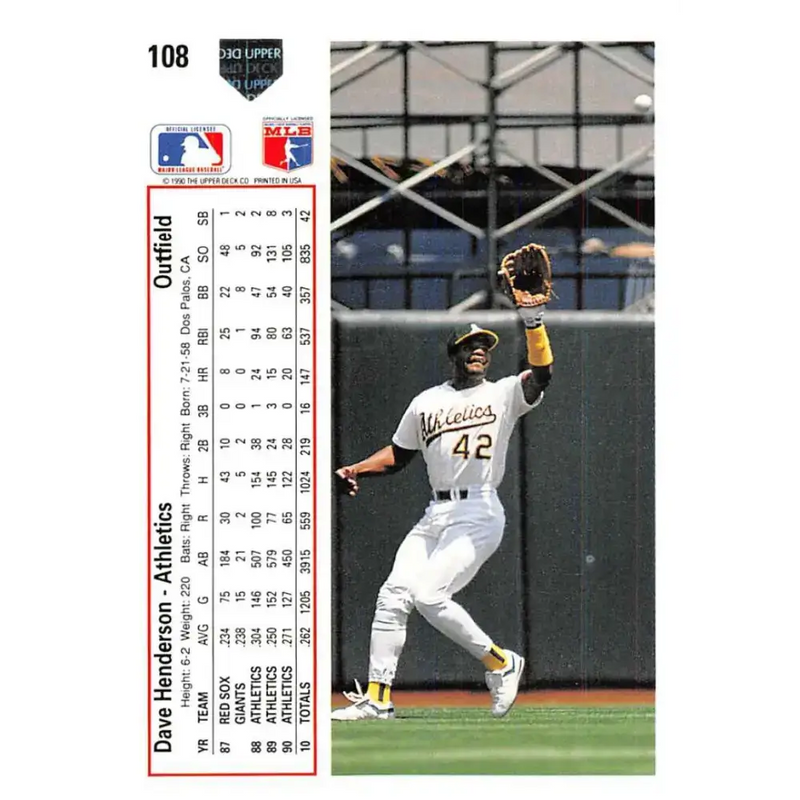 1991 Upper Deck #108 Dave Henderson EX Excellent Oakland Athletics Baseball Card - Baseball Card Single