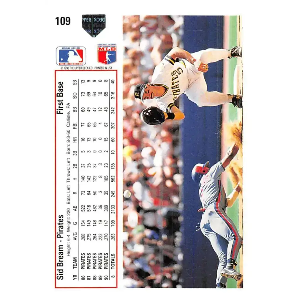 1991 Upper Deck #109 Sid Bream EX Excellent Pittsburgh Pirates Baseball Card - Baseball Card Single