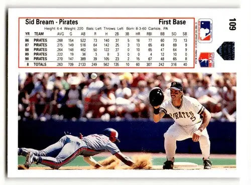 Original gloss Sid Bream Pittsburgh baseball card from 1991 Upper Deck #109