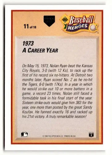 Back of Nolan Ryan baseball card from 1991 Upper Deck Baseball Heroes series