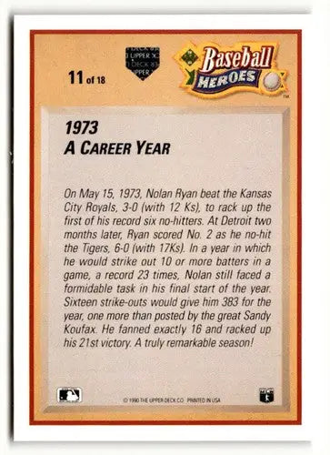 Back of 1991 Upper Deck Nolan Ryan baseball card showing original gloss and stats