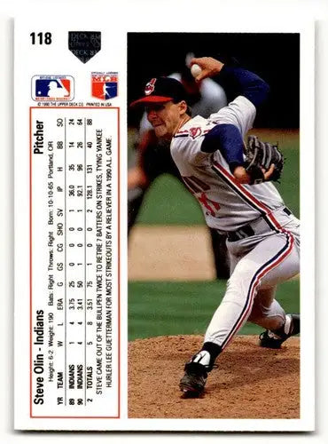Original gloss 1991 Upper Deck Steve Olin Cleveland Indians baseball card featuring Olin Cleveland Indians