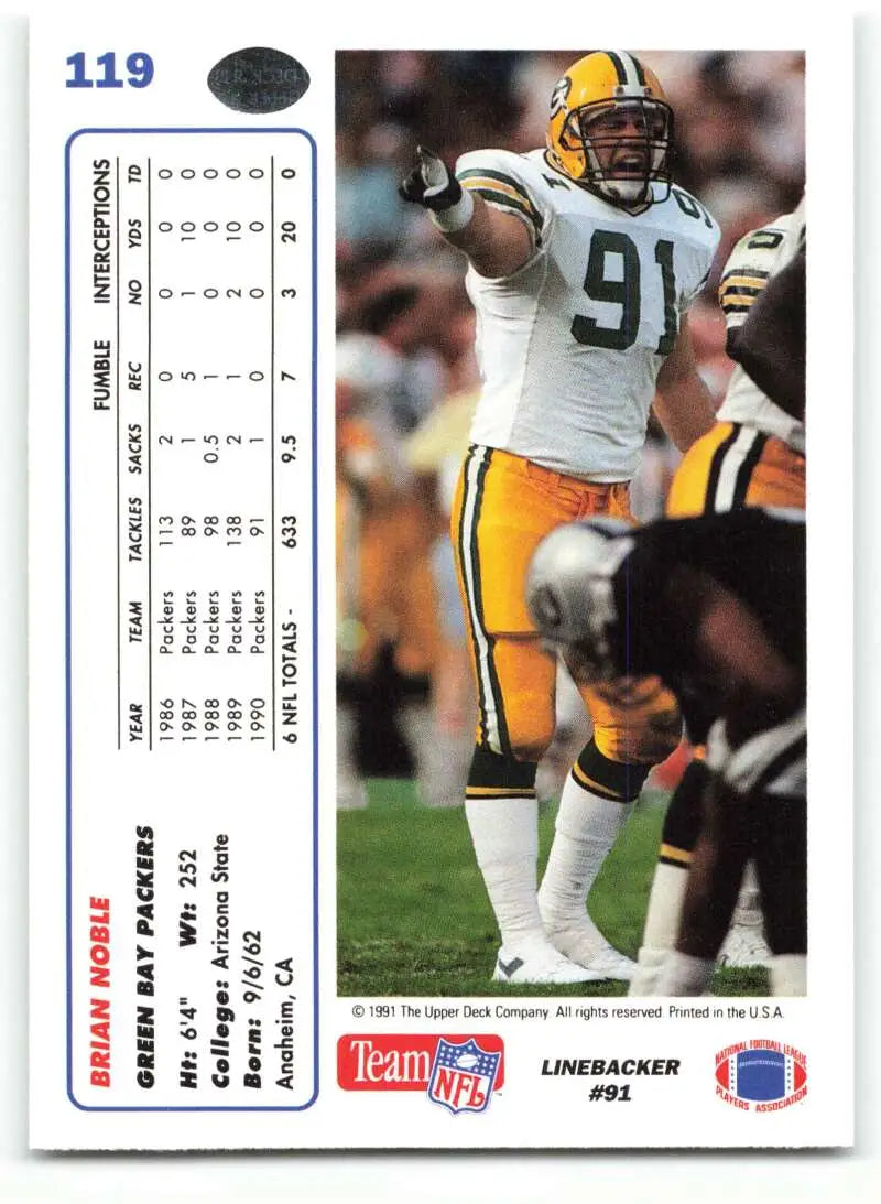 1991 Upper Deck #119 Brian Noble NM-MT Green Bay Packers Football Card - Football Card Single