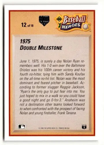 Baseball card back featuring Nolan Ryan from 1991 Upper Deck Baseball Heroes with original gloss