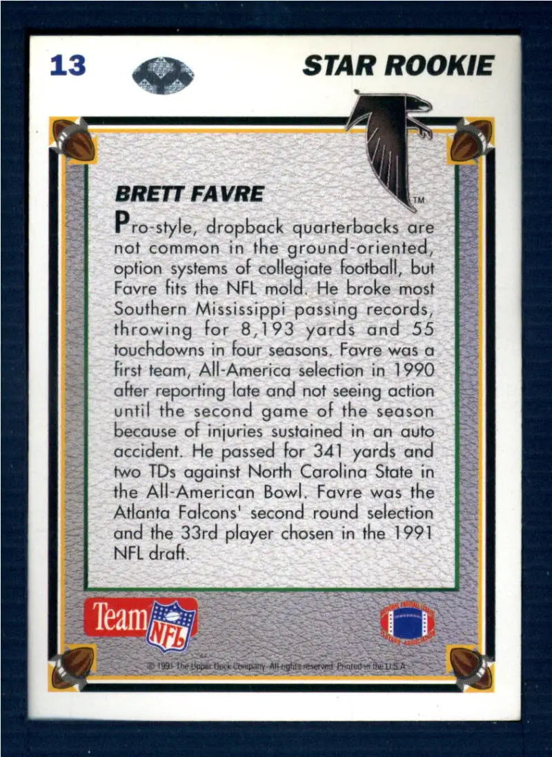 1991 Upper Deck #13 Brett Favre NM-MT RC Rookie Atlanta Falcons Football Card - Football Card Single