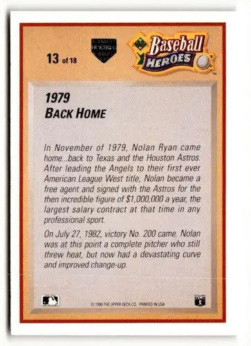 Baseball card back featuring Nolan Ryan from the 1991 Upper Deck Ryan Baseball Heroes collection