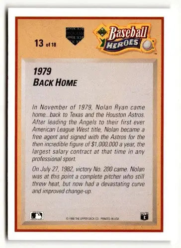 Baseball card back featuring Nolan Ryan from 1991 Upper Deck Nolan Ryan Baseball Heroes series