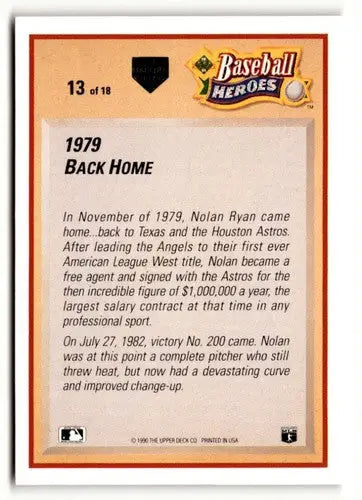 Baseball card back featuring Nolan Ryan with original gloss from 1991 Upper Deck