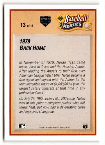 1991 Upper Deck #13 Nolan Ryan Baseball Heroes Nolan Ryan NrMt-Mt ID:51195 - Baseball Card Single