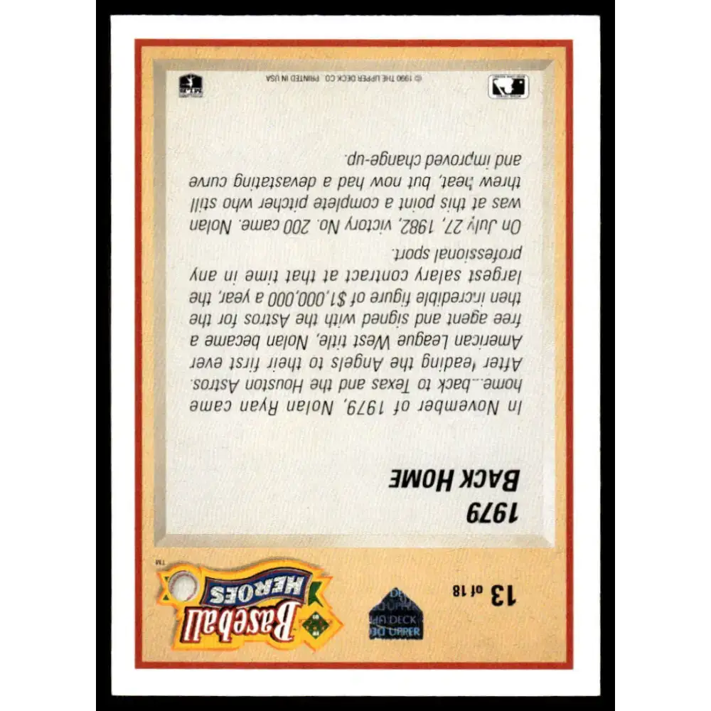 1991 Upper Deck #13 Nolan Ryan EX/NM Houston Astros Baseball Card - Baseball Card Single