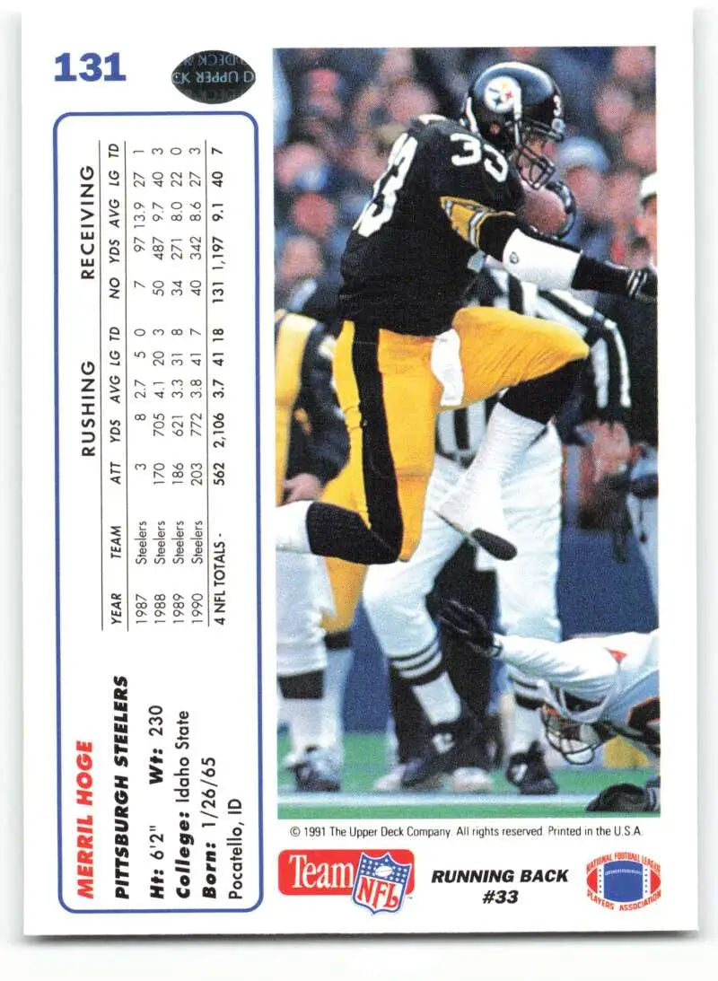 1991 Upper Deck #131 Merril Hoge NM-MT Pittsburgh Steelers Football Card - Football Card Single