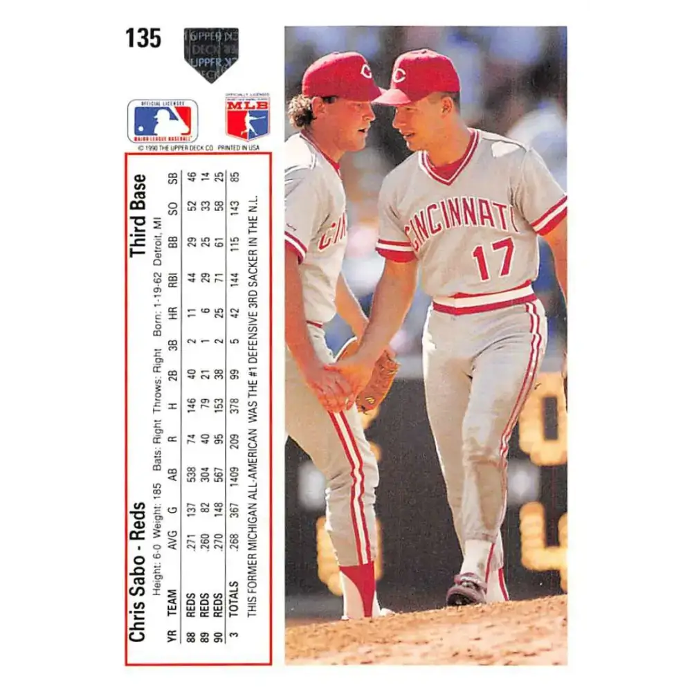 1991 Upper Deck #135 Chris Sabo EX Excellent Cincinnati Reds Baseball Card - Baseball Card Single
