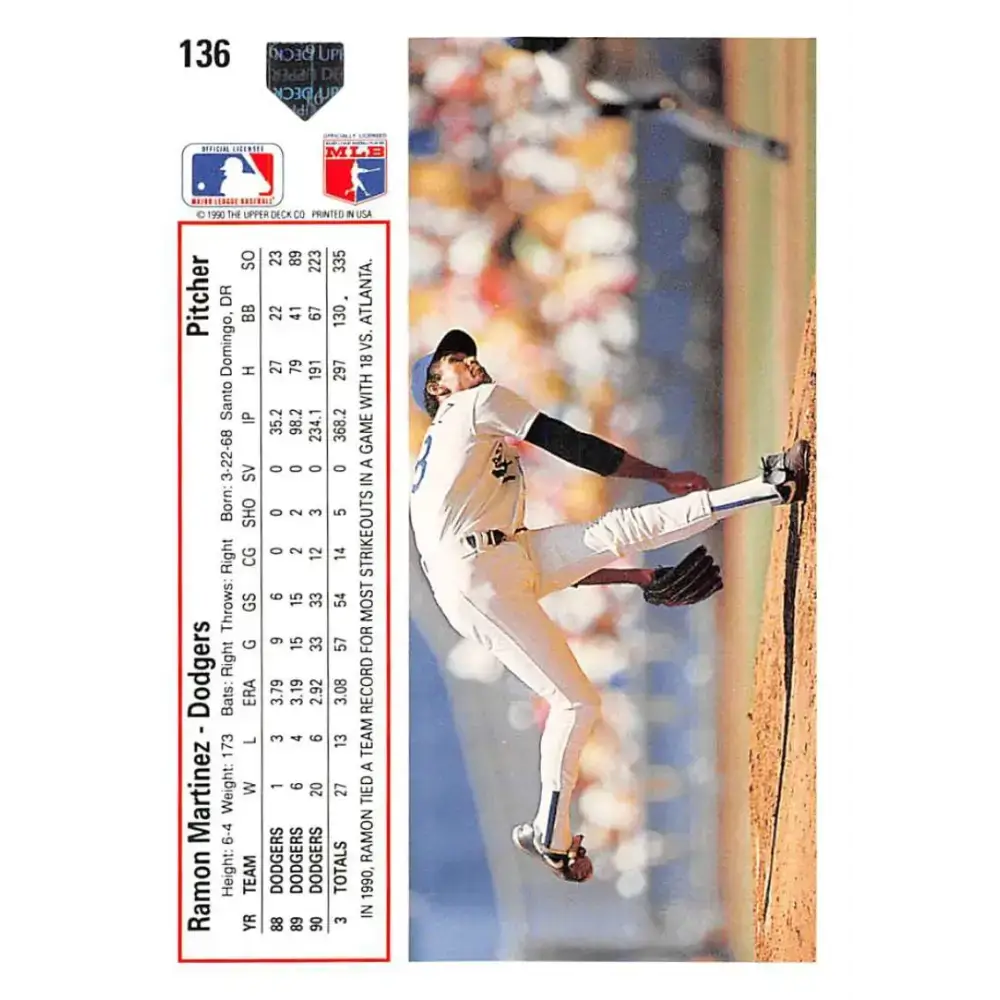 1991 Upper Deck #136 Ramon Martinez EX Excellent Los Angeles Dodgers Baseball Card - Baseball Card Single
