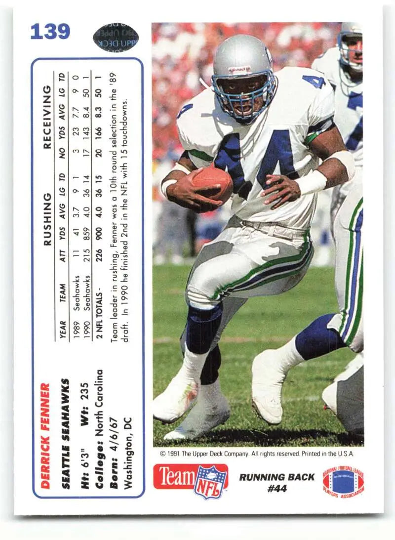 1991 Upper Deck #139 Derrick Fenner NM-MT Seattle Seahawks Football Card - Football Card Single