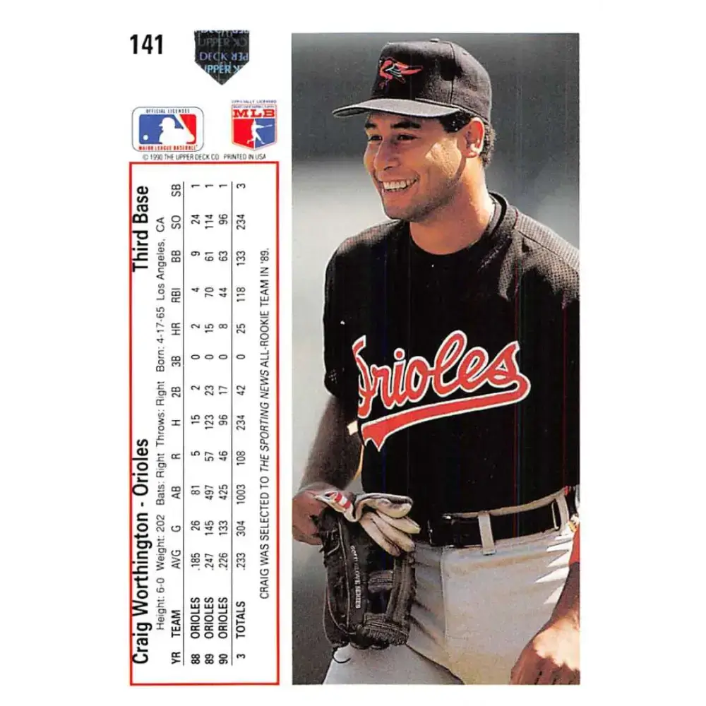 1991 Upper Deck #141 Craig Worthington EX Excellent Baltimore Orioles Baseball Card - Baseball Card Single