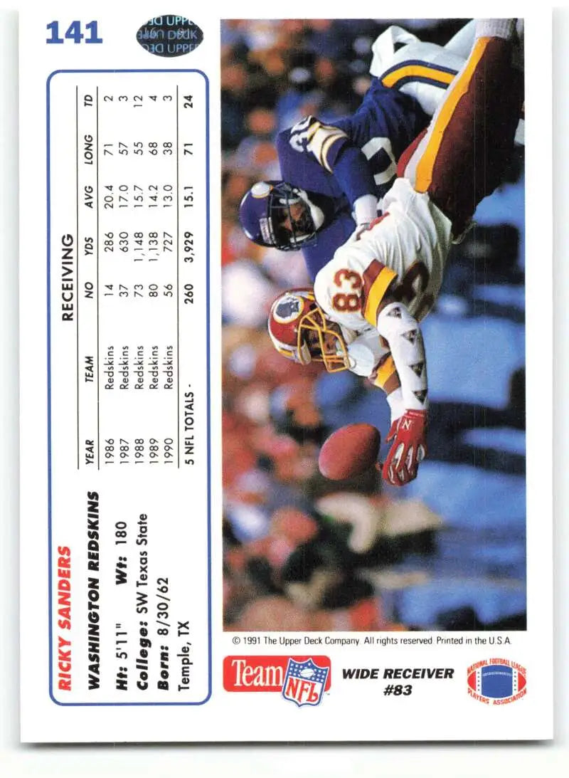 1991 Upper Deck #141 Ricky Sanders NM-MT Washington Redskins Football Card - Football Card Single