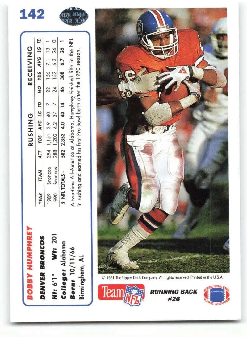 1991 Upper Deck #142 Bobby Humphrey NM-MT Denver Broncos Football Card - Football Card Single