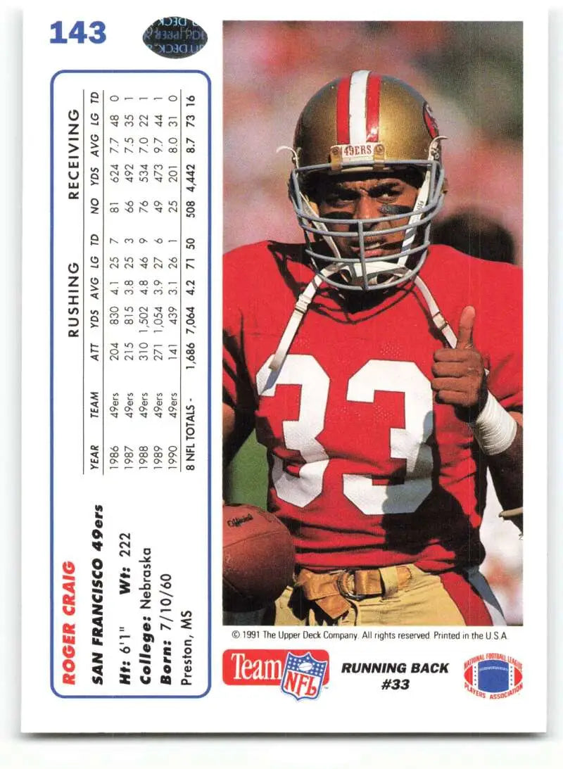 1991 Upper Deck #143 Roger Craig NM-MT San Francisco 49ers Football Card - Football Card Single
