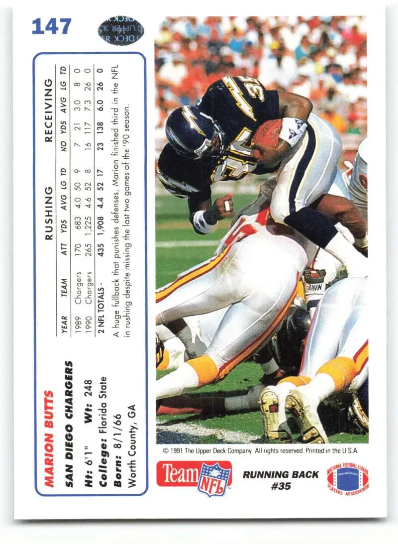 1991 Upper Deck #147 Marion Butts NM-MT San Diego Chargers Football Card - Football Card Single