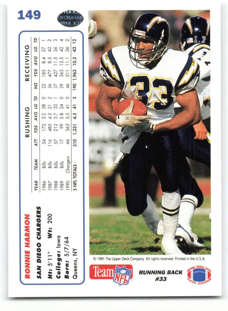 1991 Upper Deck #149 Ronnie Harmon NM-MT San Diego Chargers Football Card - Football Card Single